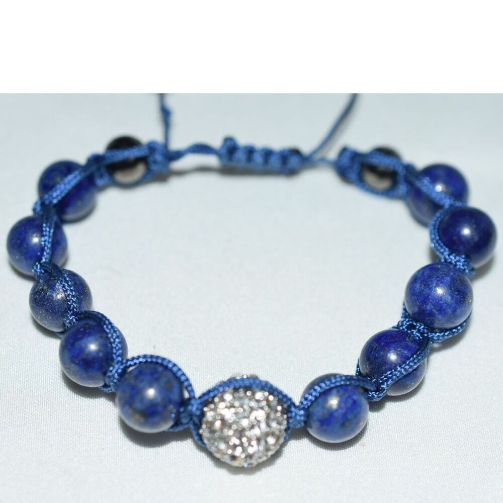 NWOT Shamballa Blue Lapis Beads/Pave Crystal Ball Adjustable 5"-8" Cord Bracelet